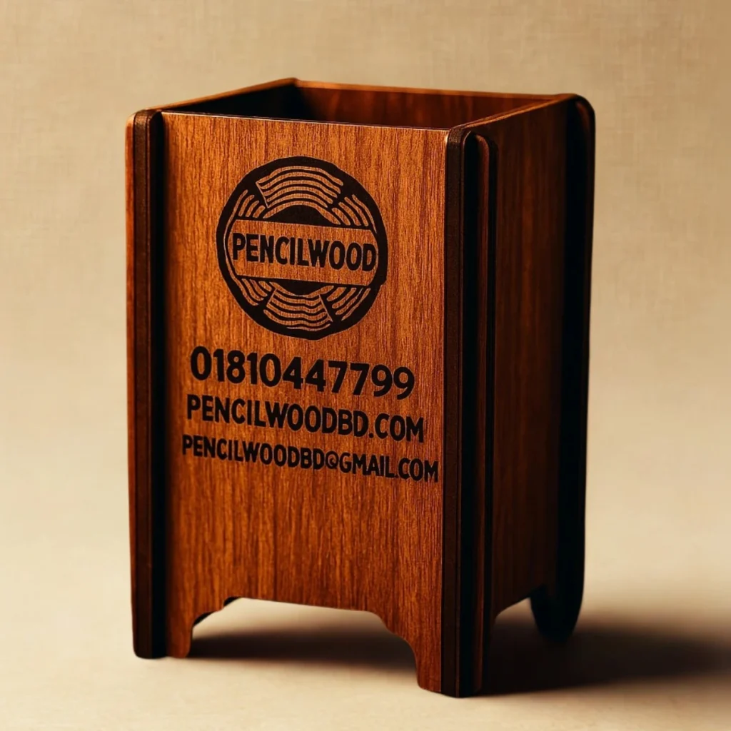 Custom laser engraved wooden pen holder with logo – PencilwoodBD